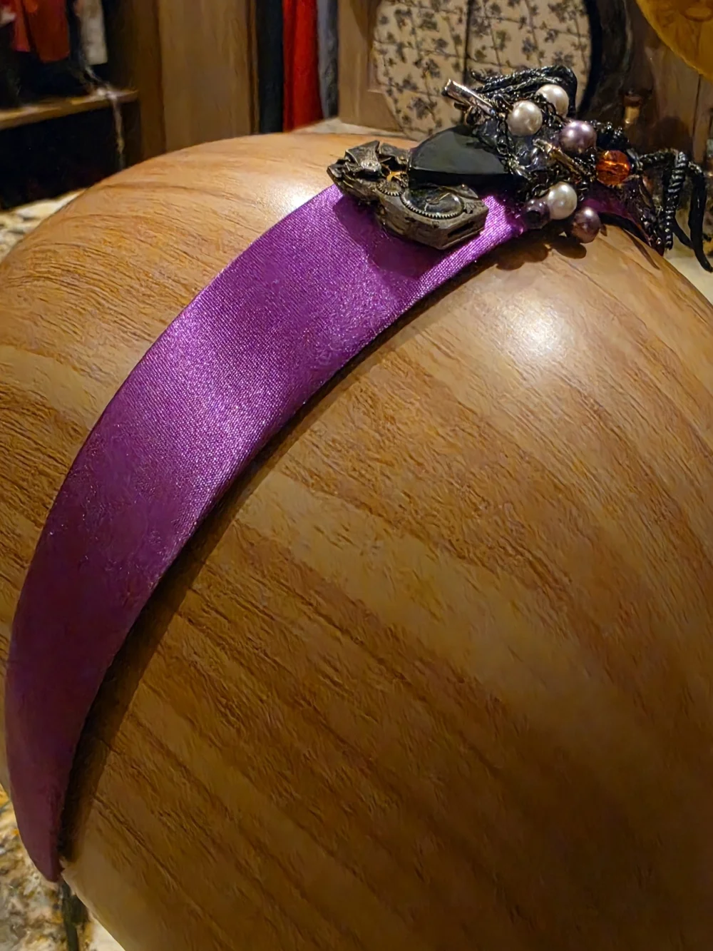 Purple Satin Headband with Decorative Spider and Bead Accents